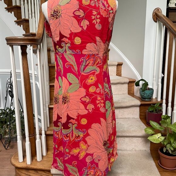 VINTAGE BOB MACKIE STUDIO SILK FLORAL REDS/ORANGES DRESS SIZE 10 PETITE - Picture 6 of 11